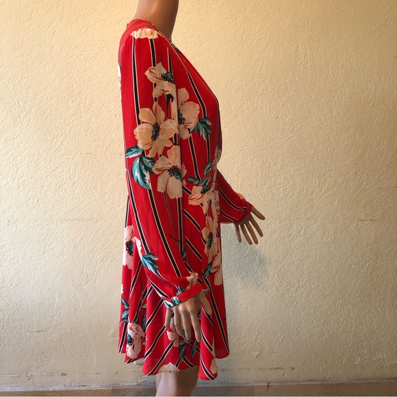 Express Women’s Size M Orange Floral Long Sleeves Knee Dress Deep V-Neck Flare - Picture 3 of 16